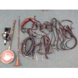 SELECTION OF VINTAGE LEATHER HORSE TACK, BED WARMING PAN, HORN AND ELECTRIC WALL LANTERN