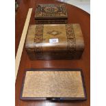 LIGHT MAHOGANY INLAID BOX, HARDWOOD LIFT TOP BOX AND ONE OTHER INLAID BOX