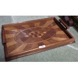 SMALL RECTANGULAR WOODEN SERVING TRAY WITH GEOMETRIC INLAY