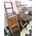 CIRCULAR HARDWOOD FOLDING GARDEN TABLE AND FOUR MATCHING CHAIRS (CUSHIONS INSIDE SALEROOM)