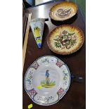 QUIMPER POTTERY BOWL, WALL POCKET AND PAIR OF QUIMPER POTTERY PLATES WITH HAND PAINTED DECORATION