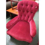 EDWARDIAN BUTTON BACK SIDE CHAIR WITH TURNED FRONT LEGS AND RED UPHOLSTERY