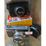PETRI BLUESCOPE 35MM RANGEFINDER FILM CAMERA WITH ORIGINAL CASE AND BOX, CASED LENS COVER AND
