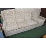 HIGH BACK THREE SEATER SOFA AND ARMCHAIR IN PALE FOLIATE UPHOLSTERY