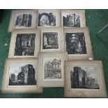 EIGHT MOUNTED ENGRAVINGS INCLUDING 'GATEWAY AT DENBIGH CASTLE' AFTER G CUITT AND OTHER BUILDINGS AND