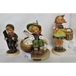 THREE HUMMEL FIGURINES - PLAYMATES, GIRL WITH BASKET AND CHIMNEY SWEEP