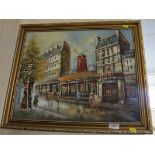 FRAMED OIL ON CANVAS OF PARIS STREET SCENE SHOWING MOULIN ROUGE, SIGNED LOWER RIGHT