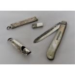 JOHN COLLARD VICKERY SILVER WHISTLE, SMALL SILVER PENCIL LEAD CASE AND SILVER FRUIT KNIFE WITH