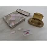MOTHER OF PEARL CLAD CARD CASE AND CARVED HORN SNUFF BOX