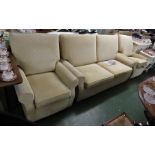 MULTIYORK THREE SEATER SOFA AND TWO ARMCHAIRS IN GOLD COLOURED UPHOLSTERY