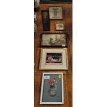 SIX SMALL FRAMED PICTURES INCLUDING LANDSCAPE WATERCOLOUR, AND WATERCOLOUR OF MERCHANT