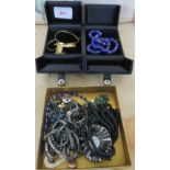 NECKLACE OF BLUE VENETIAN GLASS BEADS WITH BOX, COSTUME NECKLACE IN BOX AND SMALL TRAY OF COSTUME