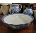 SPODE ITALIN BLUE AND WHITE WASH JUG AND RIDGWAYS WASHBOWL AND JUG