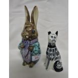 STUDIO POTTERY ORNAMENT OF CLOTHED STANDING RABBIT, BASE MARKED DAVID(?) SHARP POTTERY RYE, AND