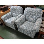 PAIR OF PALE BLUE AND WHITE PATTERNED UPHOLSTERED ARMCHAIRS