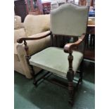 OAK FRAMED ARMCHAIR WITH GREEN UPHOLSTERED SEAT AND BACK