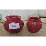 BURMANTOFTS SQUAT POTTERY VASE IN DEEP PINK GLAZE, FACTORY STAMP AND MARKED 987 WHITE; AND ONE OTHER