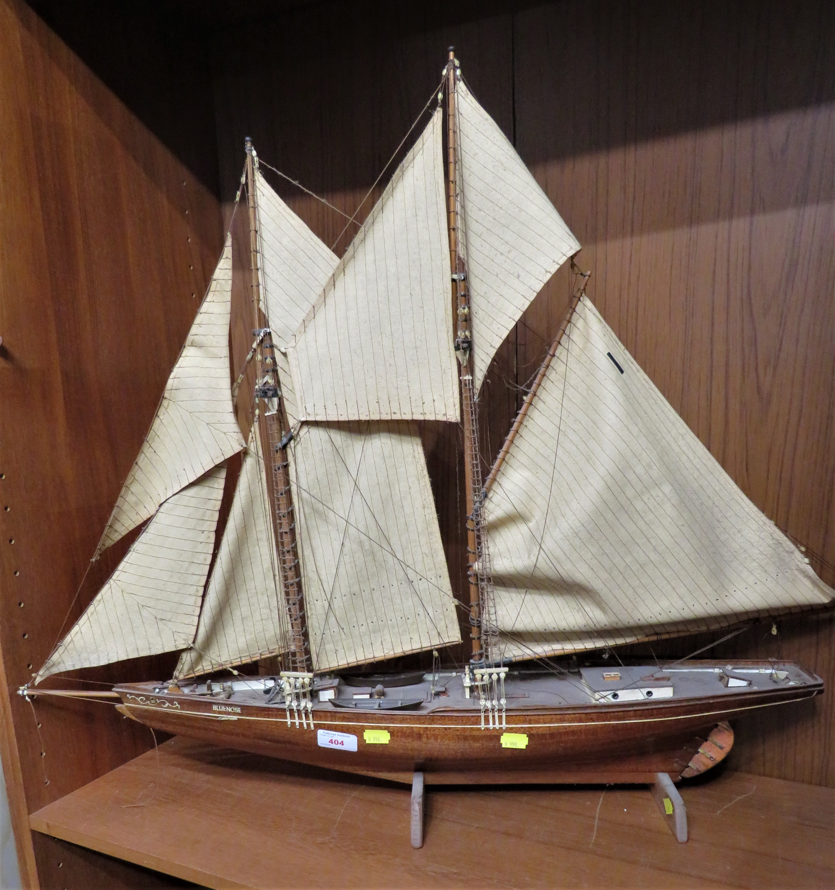 WOODEN MODEL OF SAILING SHIP WITH CLOTH SAILS