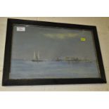 FRAMED AND GLAZED COASTAL LANDSCAPE PAINTING DEPICTING SAILING BOATS AND DOCK