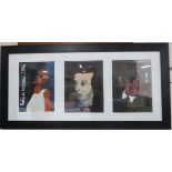 FRAMED TRIO OF PAINTED STYLIZED PORTRAITS, ONE WITH PAINTED SIGNATURE AND DATE 'ROBBIE WILLIAMS