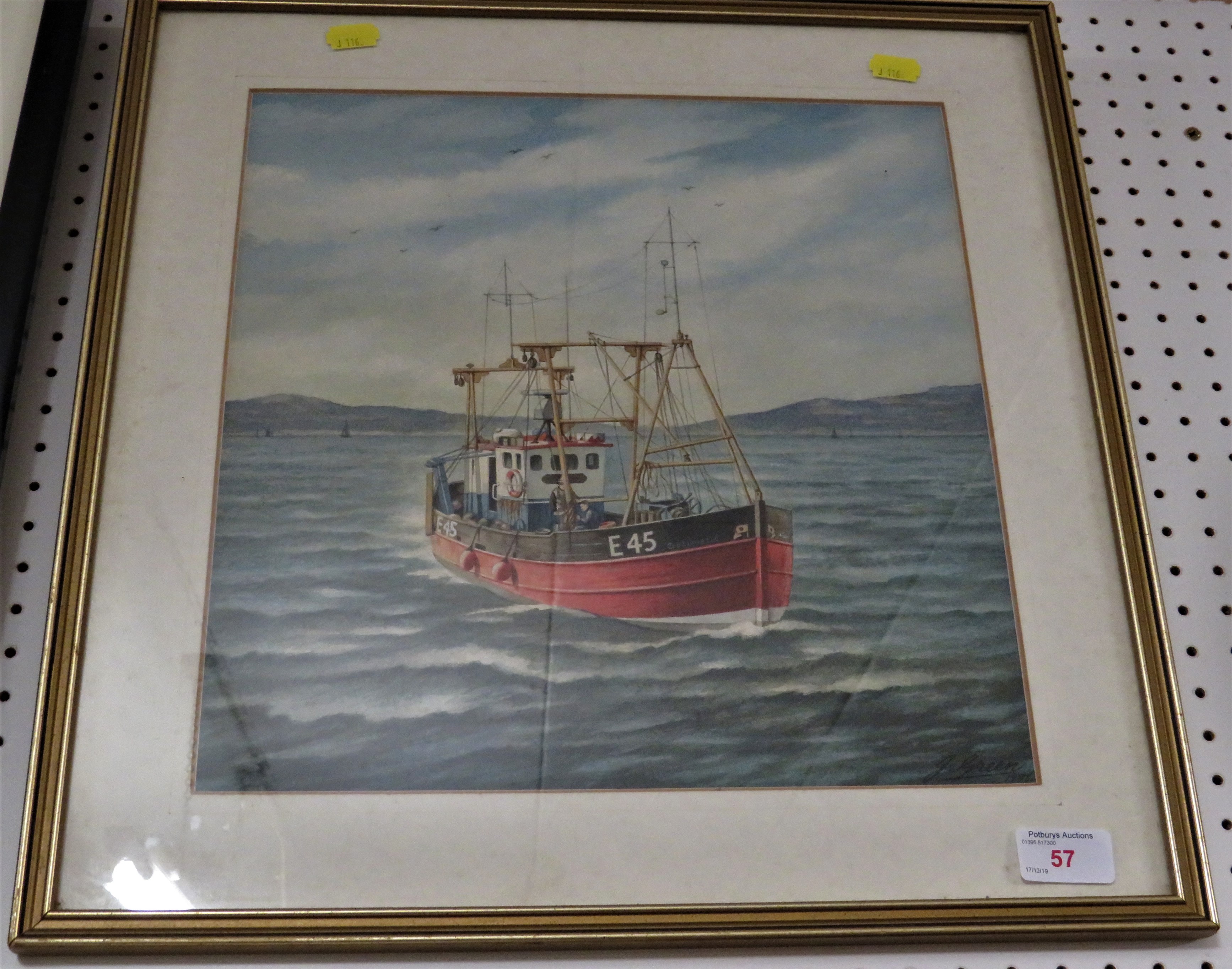 FRAMED AND MOUNTED PICTURE OF FISHING TRAWLER, SIGNED LOWER RIGHT