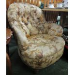 VICTORIAN FOLIATE BUTTON BACK UPHOLSTERED SIDE CHAIR ON BROWN CHINA CASTORS