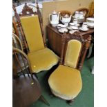 CARVED MAHOGANY LOW HALL CHAIR IN MUSTARD YELLOW UPHOLSTERY ON CHINA CASTORS AND CHILD'S LOW CHAIR