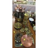 COPPER KETTLE, BRASS PAN, BRASS MINER'S LAMP AND OTHER METALWARE