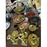 BRASS AND COPPER WARE INCLUDING CANDLESTICK, TEAPOT, ENGRAVED TRAYS, ETC