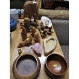 SELECTION OF CARVED WOODEN ELEPHANTS AND BIRDS, SHELLS, ROCK SAMPLES, ETC