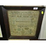 FRAMED AND GLAZED NEEDLEWORK SAMPLER DATED 1827