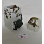 PORCELAIN VASE OF SQUARE FORM WITH IVY DECORATION AND FROGS, MARKED H&S, AND SMALL ROYAL WORCESTER