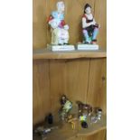TWO SHELVES OF DECORATIVE ITEMS INCLUDING PAIR OF STAFFORDSHIRE STYLE FIGURES, BLUE GLASS POISON