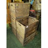 FOUR VINTAGE PINE BOTTLE CRATES MARKED 'BRAY VALLEY NORTH DEVON', TOGETHER WITH ONE OTHER MARKED '