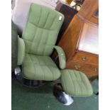 GREEN UPHOLSTERED SWIVEL ARMCHAIR ON CHROME BASE WITH MATCHING FOOTSTOOL