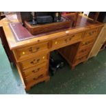 HONEY PINE NINE DRAWER PEDESTAL DESK WITH RED LEATHER SCRIBER