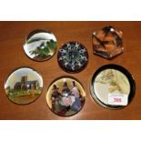 FOUR PICTORIAL GLASS PAPERWEIGHTS, CANE GLASS PAPERWEIGHT AND FACETED GLASS PAPERWEIGHT