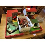 WOODEN CHILDREN'S FARMYARD WITH PLASTIC ANIMALS, ETC