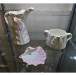 ROYAL WORCESTER WHITE GLAZED LEAF JUG AND TWO-HANDLED SUGAR BOWL, TOGETHER WITH ROYAL CHINA WORKS