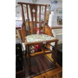 LIGHT MAHOGANY FRAMED ARTS AND CRAFTS SIDE CHAIR WITH UPHOLSTERED SEAT PAD (A/F)