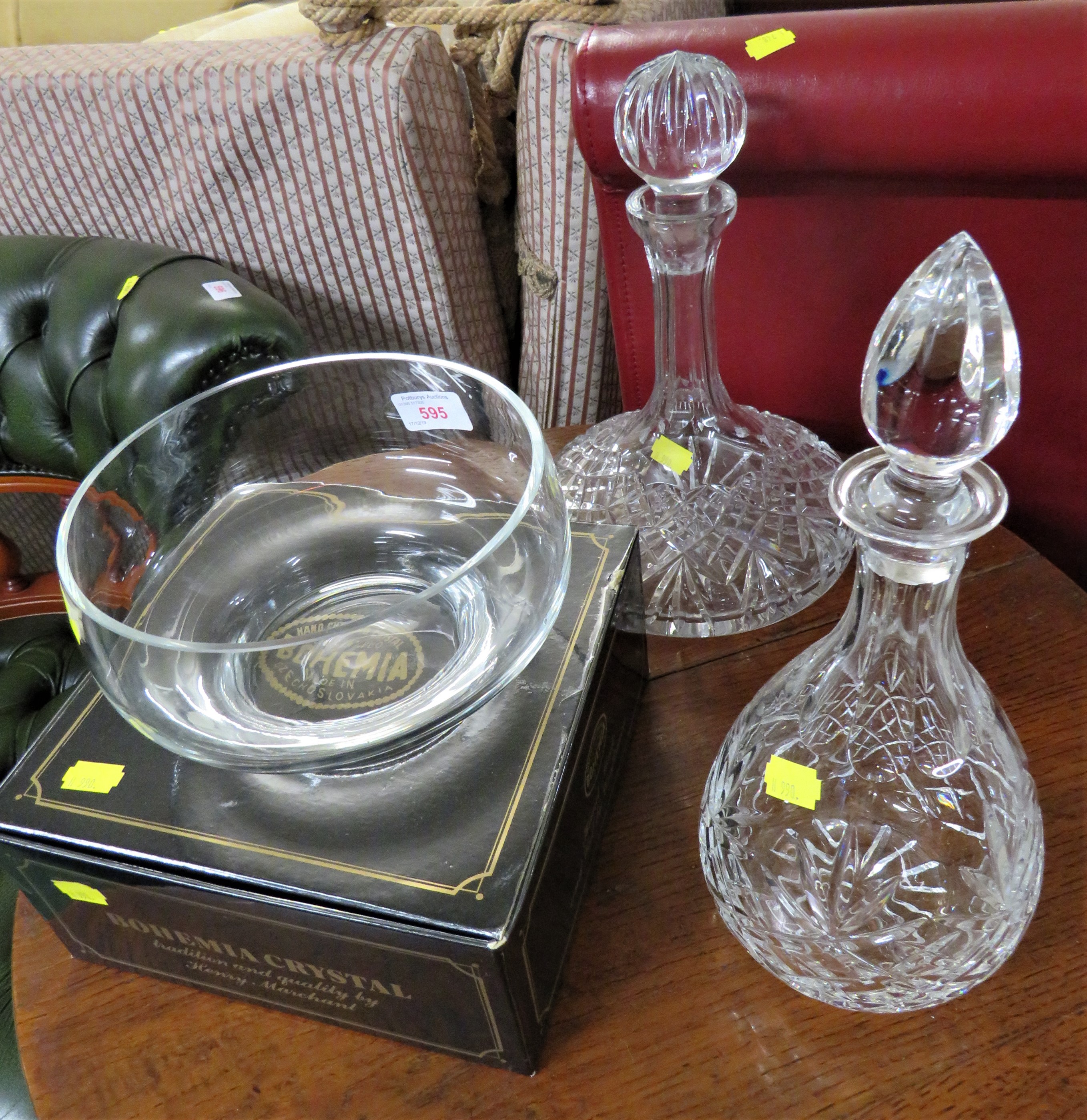 CUT GLASS SHIP'S DECANTER, ONE OTHER DECANTER AND BOHEMIA BOWL WITH BOX