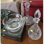 CUT GLASS SHIP'S DECANTER, ONE OTHER DECANTER AND BOHEMIA BOWL WITH BOX