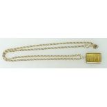 Fine gold .999 Johnson Matthey 2.5g ingot with 9ct gold belcher link chain, 8.5” / 22cm long.
