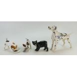 Two Royal Doulton playing terriers HN1158 and HN2654 and large Sylvac dalmation and pottery cat (4)