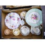 A collection of tea ware to include a shelly cake plate, shelley hollyhocks milk jug, floral plate,