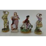 Four Staffordshire figures including; Shield of Faith, Harlequin, dancing girls & boys fighting, 15.