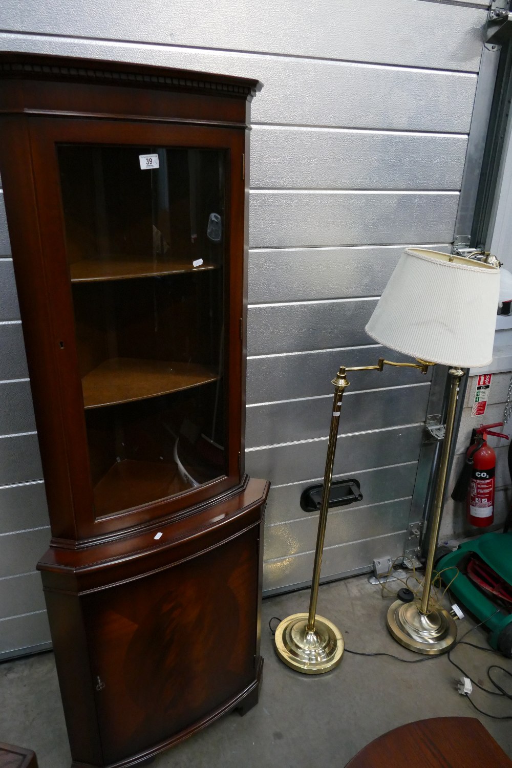 20th Century Mahogany corner cupboard with two modern metal standard lamps (3)