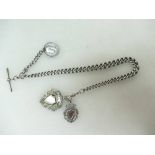 Silver single Albert watch chain, 2 silver fobs & coin - 80.