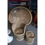 A vintage peacock chair and stool and a framed print (3)