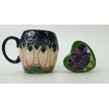 Moorcroft tankard decorated in the cluny design and small heart shaped box & cover in the anemone